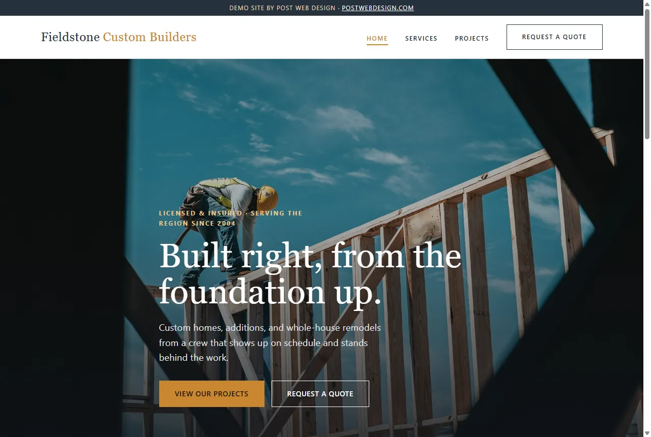 Fieldstone Custom Builders — sample website design for a construction company (not a client project)